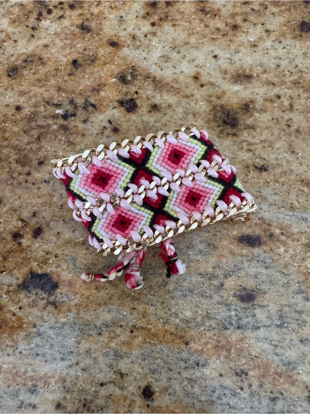 Handwoven Pink Floral Friendship Bracelet with Gold Chain